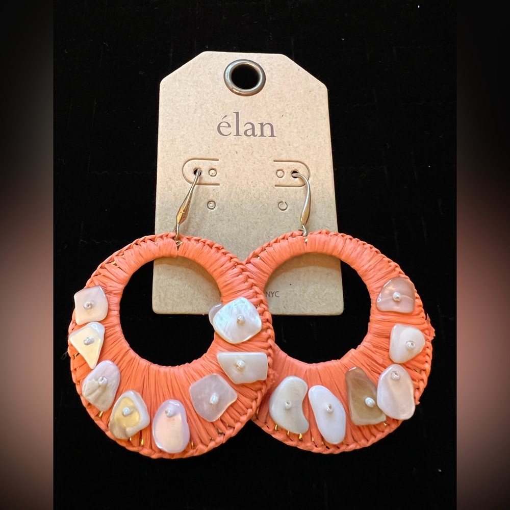 Coral Straw Hoop Earrings with Shell Accents NWT